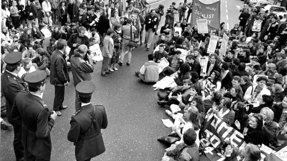 Students block the road outside the High Court in Dublin before the hearing on the 1989 Society for the Protection of Unborn Children case. Photograph: Mark Maxwell