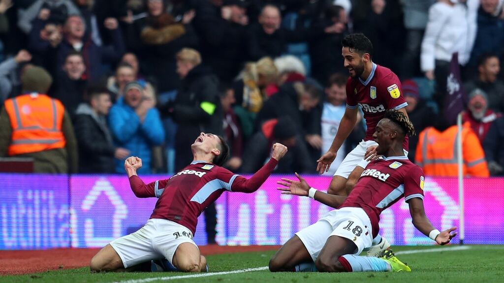 Jack Grealish of Aston Villa celebrates after scoring his team’s second goal during the Sky Bet Championship win over Birmingham City. Photo: Catherine Ivill/Getty Images