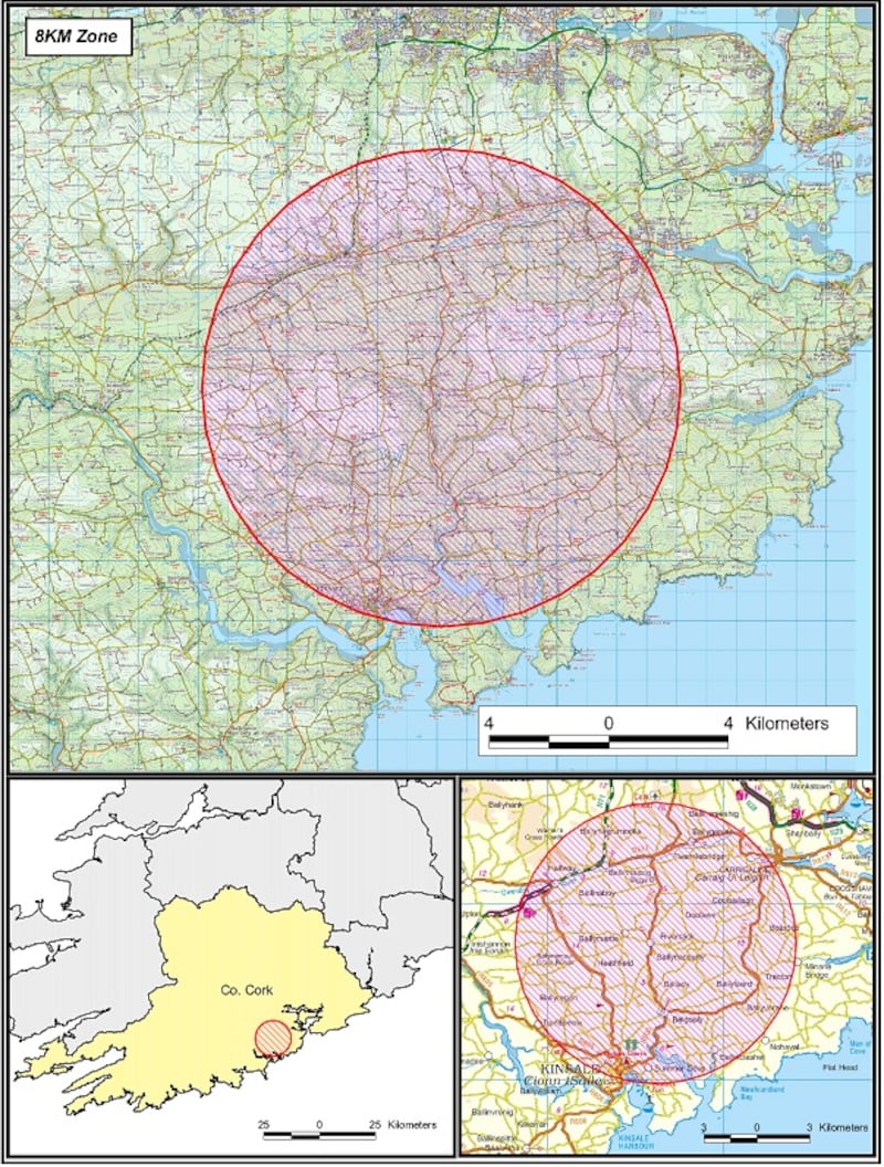 The 8km surveillance zone in Co Cork