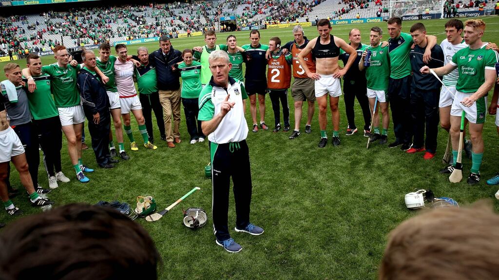 John Kiely speaks to his Limerick side after their epic win over Cork. Photograph: Ryan Byrne/Inpho