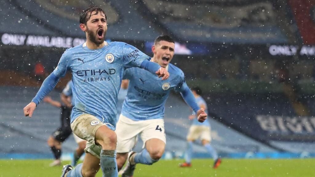 Manchester City’s Bernardo Silva celebrates scoring his side’s first goal during the Premier League match against Aston Villa at the Etihad stadium. Photograph: Martin Rickett/PA Wire