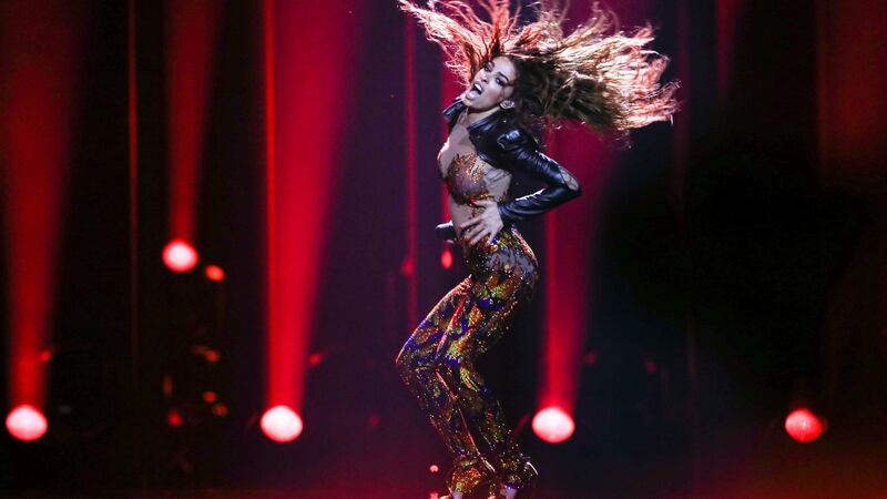 Eleni Foureira representing Cyprus with ‘Fuego’ performs during the Grand Final of the 63rd annual Eurovision Song Contest at the Altice Arena in Lisbon, Portugal, 2018. Twenty-six finalists competed. Photograph: EPA/Jose Sena Goulao