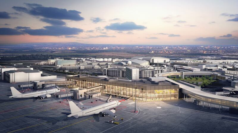 Under DAA plans, the 1959 terminal will be replaced by the narrow block just to the right of the curving elevated walkway, part of the building proposed to house new passenger gates. Illustration: IDOM