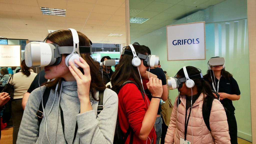 Ananda Lopes, Gabriela Albuquerque and Rosana Torres enjoying the virtual tour of the Grifols facility in Grangecastle, Dublin at Career Zoo, which took place at the CHQ Building and Dogpatch Labs, Custom House Quay in Dublin’s digital docklands. Photograph: Nick Bradshaw