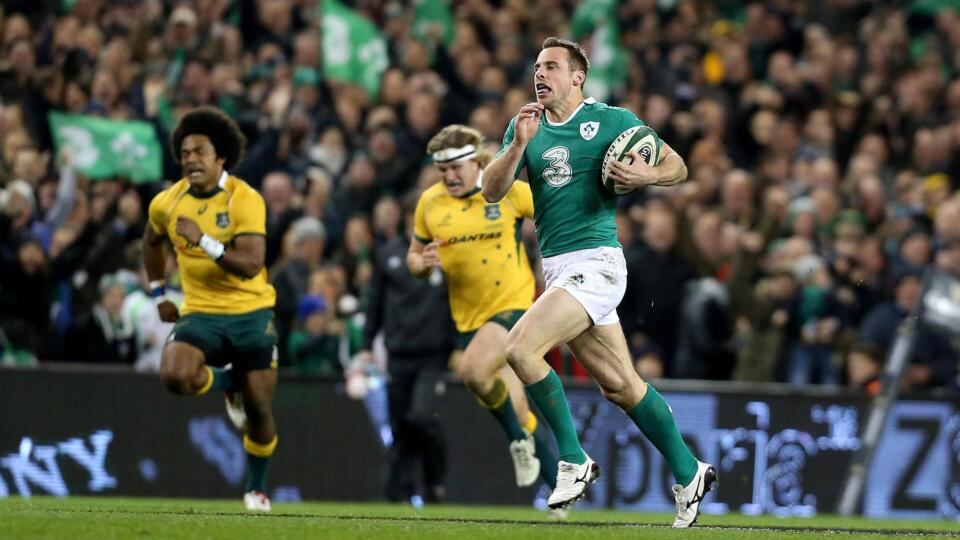 Ireland’s Tommy Bowe runs in an intercept try for the second score at the Aviva Stadium. Photograph: Dan Sheridan / Inpho