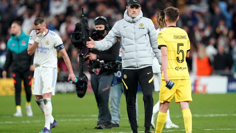 Chelsea manager Thomas Tuchel greets Jorginho following the Champions League quarter-final, second leg against Real Madrid. Photograph: Nick Potts/PA Wire