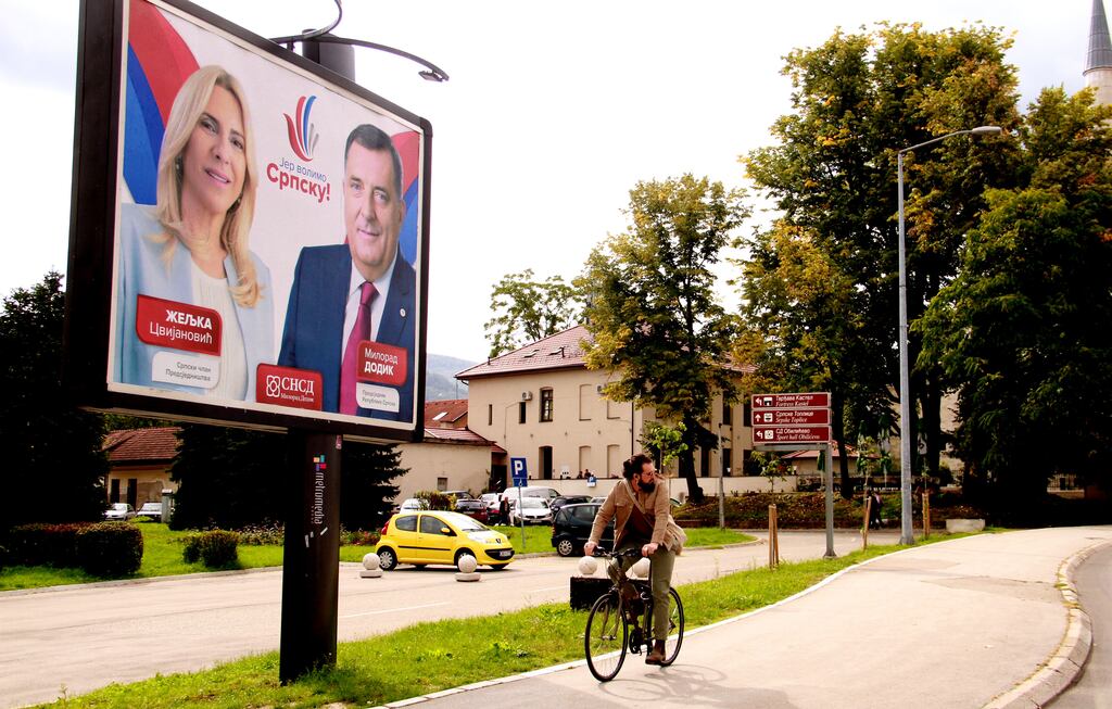 A poster of Serbian candidates for members of the Bosnian presidency, president of Republika Srpska Zeljka Cvijanovic (left) and Milorad Dodik, of the Union of Independent Social Democrats party in Banja Luka, Bosnia and Herzegovina on September 29th. Photograph: Aleksandar Golic/EPA