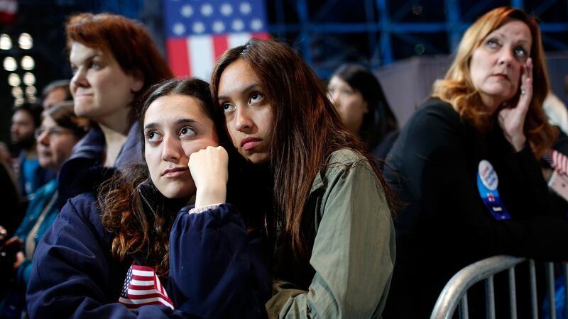 People watch the voting results at Democratic presidential nominee former Secretary of State Hillary Clinton’s election night event at the Jacob K. Javits Convention Centre in New York. Photograph: Win McNamee/Getty Images