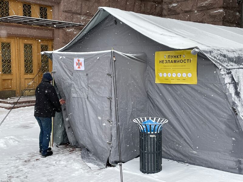 One of hundreds of so-called invincibility points in Kyiv - and thousands around Ukraine - where people can get water, charge phones, go online and warm up during power cuts. Photograph: Daniel McLaughlin