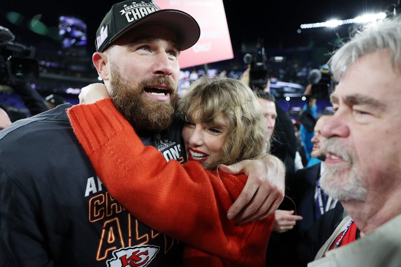 Kansas City Chiefs' Travis Kelce celebrates with girlfriend Taylor Swift after the victory over the Baltimore Ravens in the AFC Championship Game at M&T Bank Stadium in Baltimore. Photograph: Patrick Smith/Getty Images