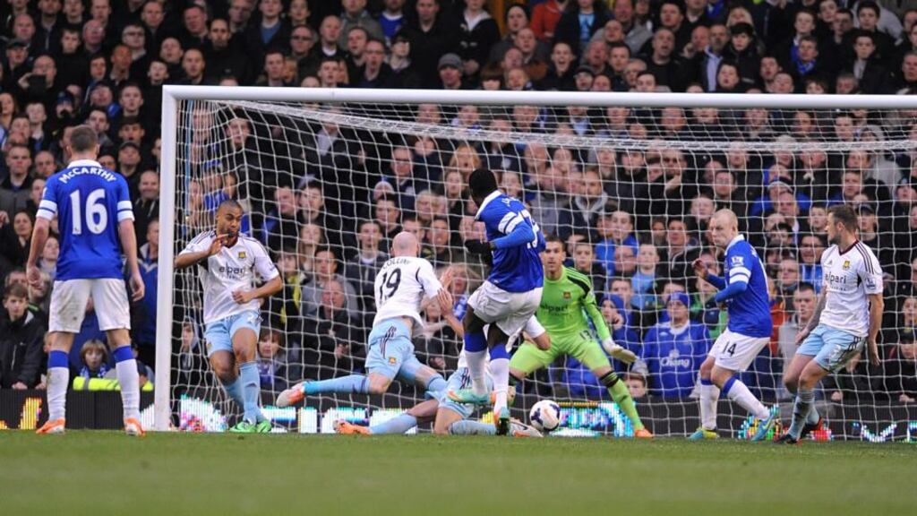 Everton’s Romelu Lukaku scores the winner at Goodison Park. Photograph: Anna Gowthorpe/PA Wire.
