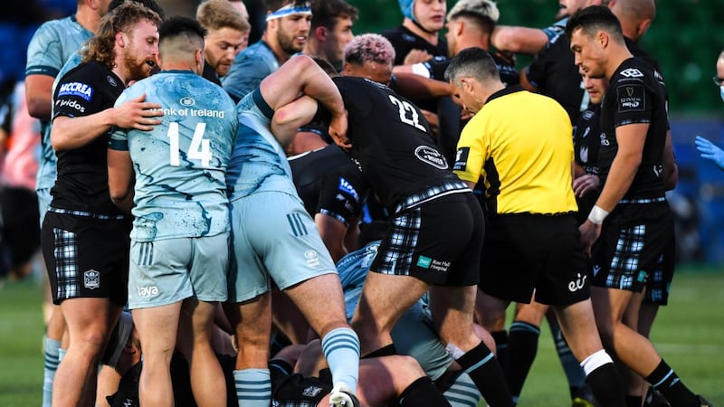 Tempers flare between the sides in the second half of the game at Scotstoun. Photograph: Craig Watson/Inpho