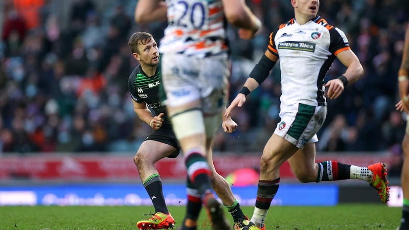 Connacht’s Jack Carty watches on after kicking a drop goal to secure a losing bonus point for his side with the last kick of the game in the Heineken Champions Cup game against Leicester at Welford Road. Photograph: James Crombie/Inpho