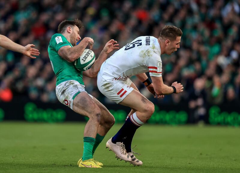 Freddie Steward's tackle on Hugo Keenan resulted in a red card. Photograph: Dan Sheridan/Inpho