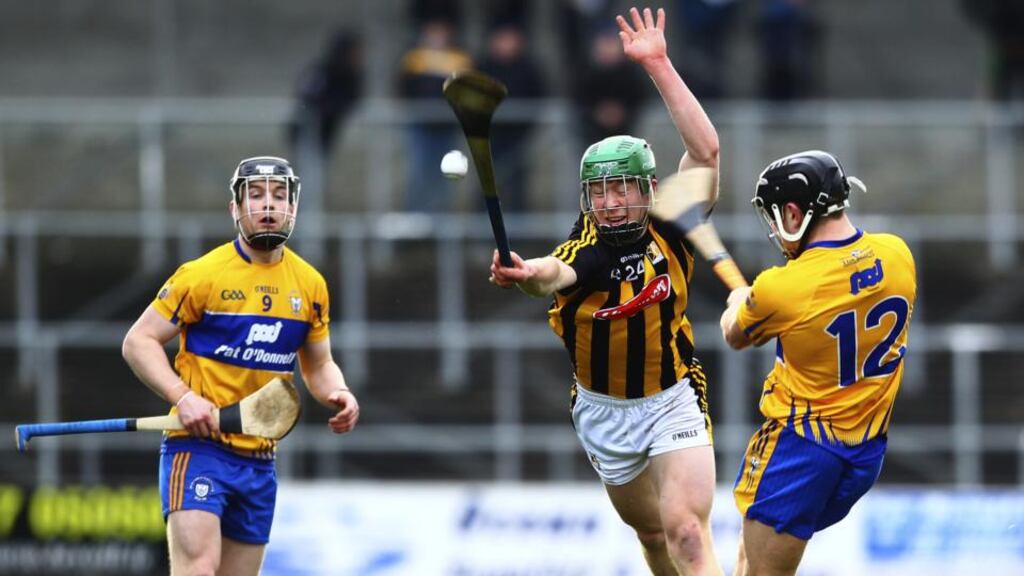 Kilkenny’s Martin Keoghan attempts to block Clare’s David Reidy during the Allianz Hurling League Division 1A match at  Nowlan Park in Kilkenny. Photograph: Ken Sutton/Inpho