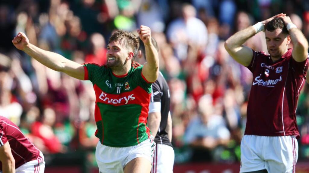 Aidan O’Shea celebrates scoring Mayo’s opener during their Connacht Championship win over Galway in Salthill. Photograph: Inpho