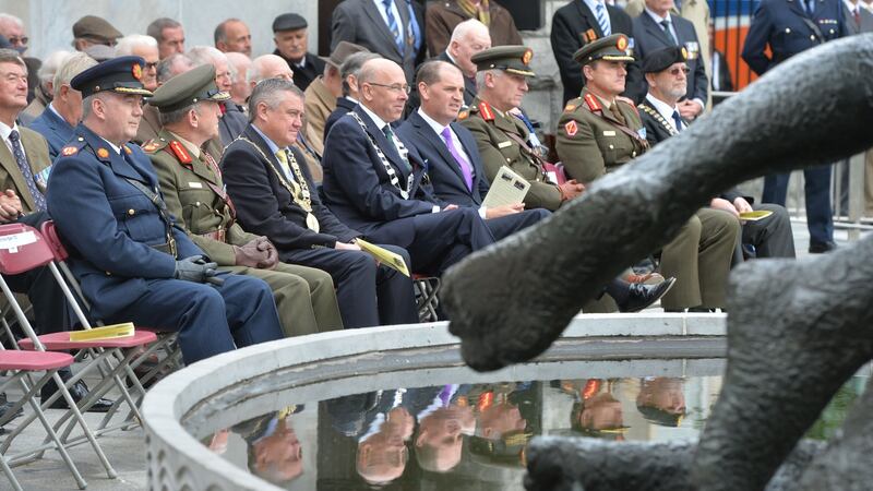 Members of the Association of Retired Commissioned Officers (ARCO) conducting a Wreath Laying Ceremony in the Garden of Remembrance to remember and commemorate the participants in the 1916 Easter Rising. At the ceremony were members of the 39th Cadet Class and 40th Cadet Class who marched in the Easter Parade on April 10th 1966. Photograph: Alan Betson / The Irish Times
