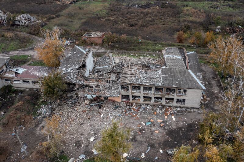 A school lies in ruins after being destroyed during fighting between Ukrainian and Russian occupying forces on Sunday in Kam'yanka, Kharkiv oblast, Ukraine. Photograph: Carl Court/Getty Images