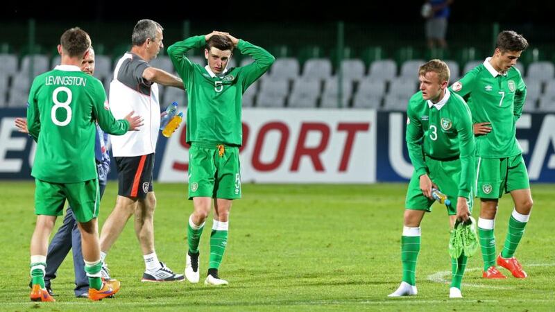 Republic of Ireland players dejected after bowing out of the Uefa European U17 Championship with a 1-0 defeat to England at Beroe Stadium, Stara Zagora, Bulgaria. Photo: Kostadin Andonov/Inpho