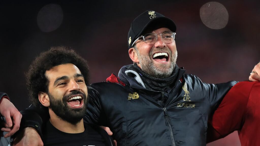 Jurgen Klopp with Mohammed Salah: “There is absolutely nothing to say in public about the things I talk to my players about,” he said when asked whether Salah had been disciplined.  Photograph: Photograph: Peter Byrne/PA