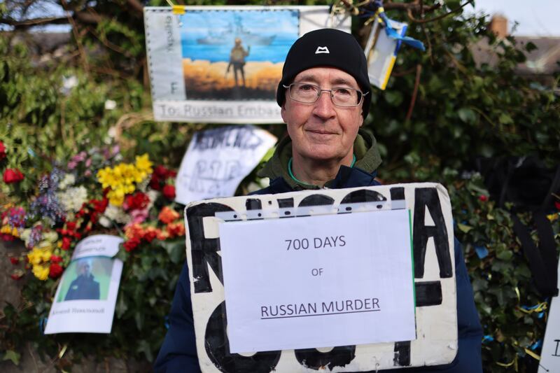 Mark Canning has been protesting outside the Russian embassy for two years. He says part of his reason for being there is the 'brazen attitude shown' by Russian ambassador Yuriy Filatov and his associates as they stick to Moscow’s view. Photograph: Dara Mac Dónaill