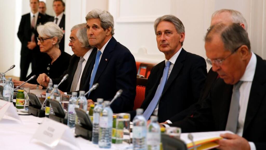 US Secretary of State John Kerry, British Foreign Secretary Philip Hammond and Russian Foreign Minister Sergey Lavrov, meet with foreign ministers from China, Germany and France in Vienna. Photograph: Carlos Barria/Pool photo