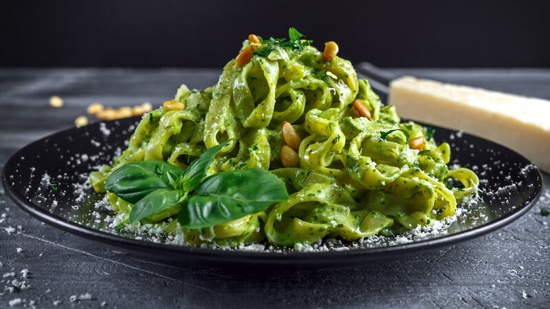 Tagliatelle with pesto sauce.