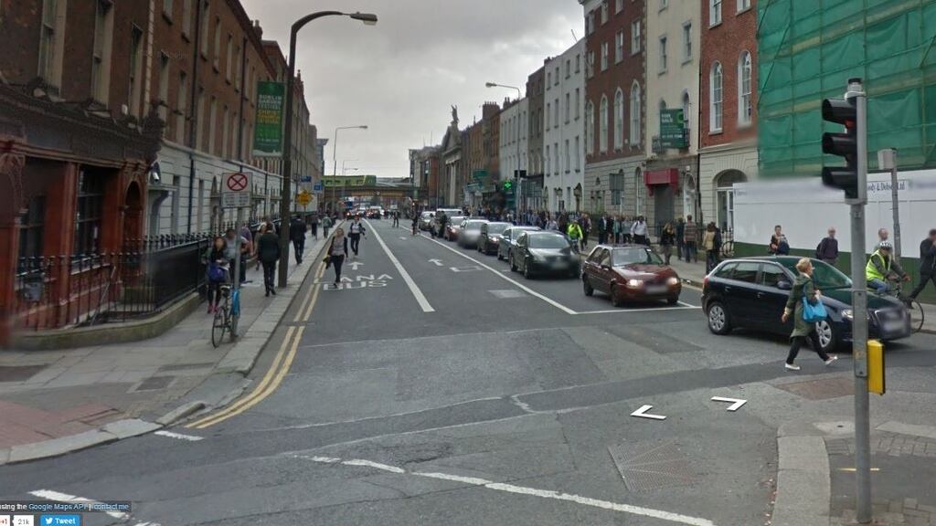 The collision occurred at Lincoln Place, Dublin 2, at approximately 3pm on Friday afternoon. Photograph: Google Street View