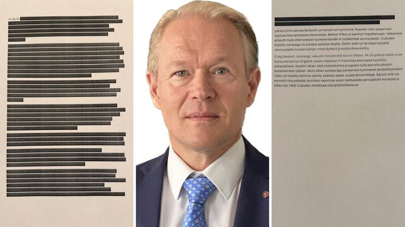 Former chef de cabinet of the Independent International Commission on Decommissioning Aaro Suonio and extracts from his diary. Forty of the 52 lines in the diary entry were redacted by Suonio, and what had been left to read was written in Finnish. Photographs: Brian Rowan personal archive for The Open University