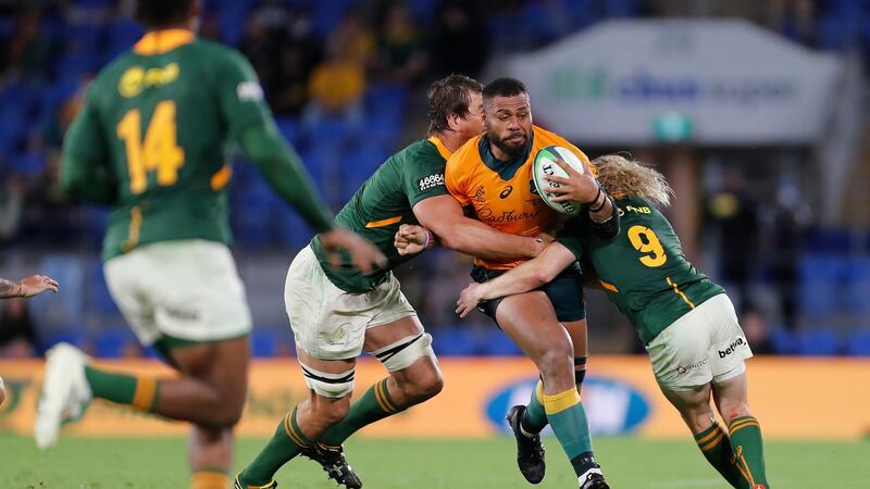Samu Kerevi carries into Eben Etzebeth and Faf de Klerk during Australia’s shock win over South Africa. Photograph: Regi Varghese/EPA