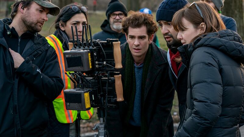 Andrew Garfield (centre) next to Lin-Manuel Miranda on the set of Tick, Tick...Boom! Photograph: Macall Polay/Netflix