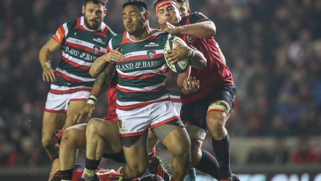 Manu Tuilagi returns to the Leicester midfield for the return match against Munster at Welford Road. Photograph: Billy Stickland/Inpho.