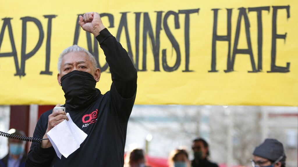 A rally against anti-Asian hate in the Chinatown-International District of Seattle. Photograph: Jason Redmond/AFP via Getty