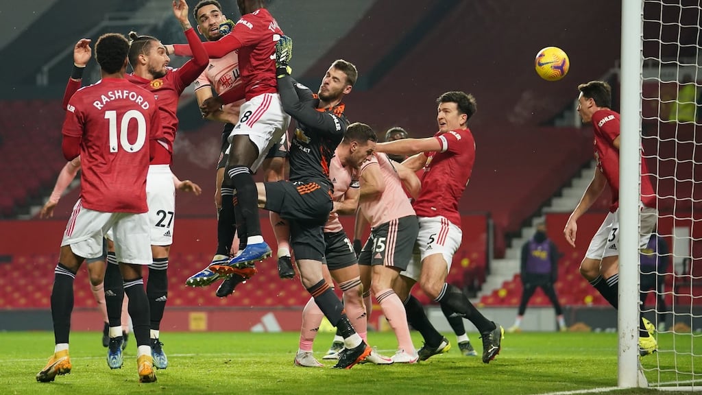 Sheffield United’s Kean Bryan scoring against Solskjær’s team. Billy Sharp may have impeded United’s goalkeeper David de Gea. Photograph: EPA/Dave Thompson