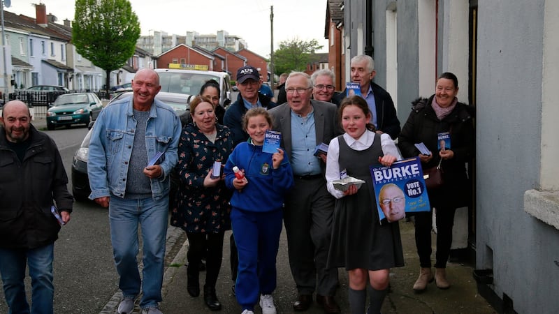 Christy Burke canvassing on Dublin’s Sheriff Street. Photograph: Nick Bradshaw