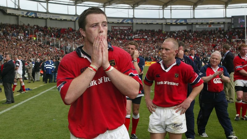 Marcus Horan and Peter Stringer after Munster’s 13-12 defeat to Toulouse at Le Stadium in 2003. Photograph: Patrick Bolger/Inpho