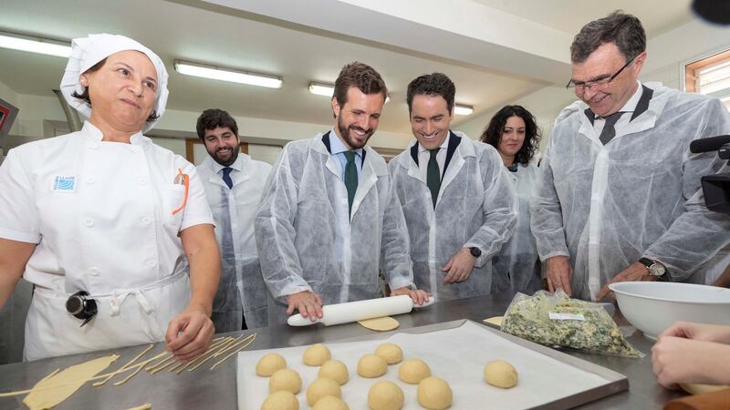 Spanish People’s Party leader Pablo Casado at a catering school in Murcia: the territorial crisis surrounding Catalonia has monopolised political debate. Photograph: Marcial Guillen