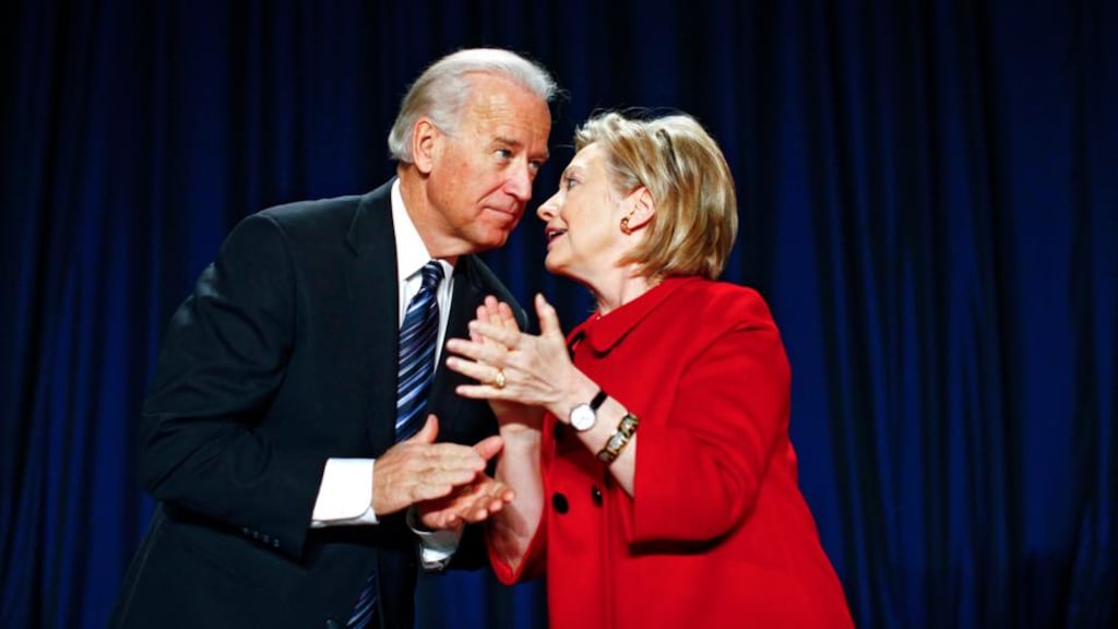 US vice-president Joe Biden listens to secretary of state Hillary Clinton at the National Prayer Breakfast in Washington in February 2010. According to Double Down by journalists Mark Halperin and John Heilemann, President Barack Obama’s top aides secretly considered replacing Biden with Clinton on the 2012 ticket in late 2011, when Mr. Obama’s re-election outlook appeared uncertain. Photograph: Luke Sharrett/The New York Times