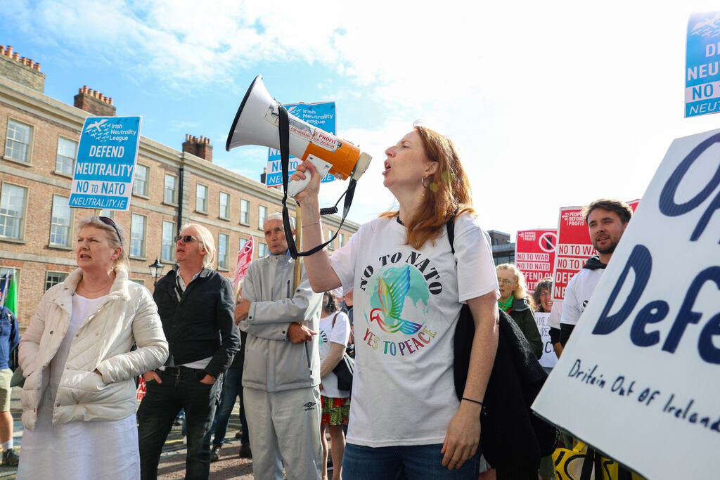 Sarah O'Rourke from the Irish Neutrality League with protesters at Dublin Castle where the government's Consultative Forum on International Policy took place this week. Even if Nato is nursing secret plans for us, that surely makes it all the more imperative that we inform ourselves in different forums without creating forcefields of anger and provocation. Photograph: Norma Burke/RollingNews.ie