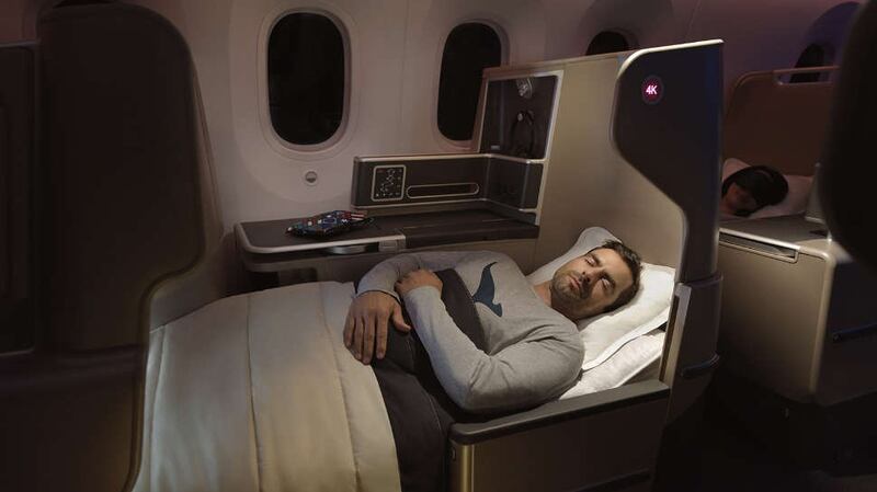 One of the Business class flat-bed cubicles on the Quantas B787-9 Dreamliner which flew non-stop from Perth to London earlier this year. Photograph: Quantas