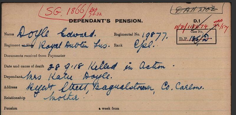 The dependent's pension card for Cpl Edward Doyle shows that his mother was his dependent.