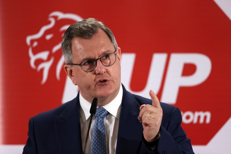 Jeffrey Donaldson at the launch of the DUP local government election manifesto in Belfast in May 2023. Photograph: Liam McBurney/PA