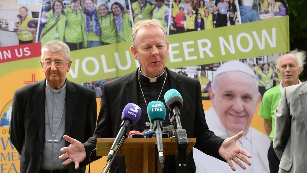 (From left) Archbishop of Dublin, Diarmuid Martin, president and host of WMOF2018; and Archbishop of Armagh, Eamon Martin, President of the Irish Catholic Bishops’ Conference, announce the publication of Pope Francis’s itinerary for the World Meeting of Families 2018 in Ireland. Photograph: Dara Mac Dónaill/The Irish Times