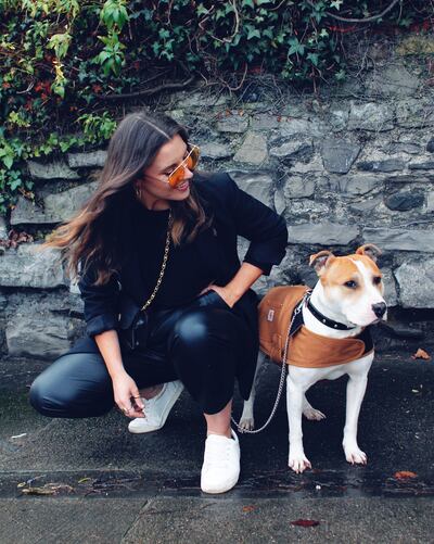 Sarah Hanrahan with her Staffy-cross, Tony.