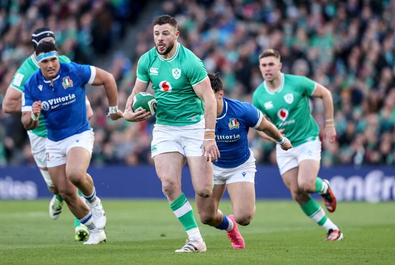 Ireland's Robbie Henshaw  makes a break during the Guinness Six Nations match against Italy at the Aviva Stadium. Photograph: Dan Sheridan/Inpho