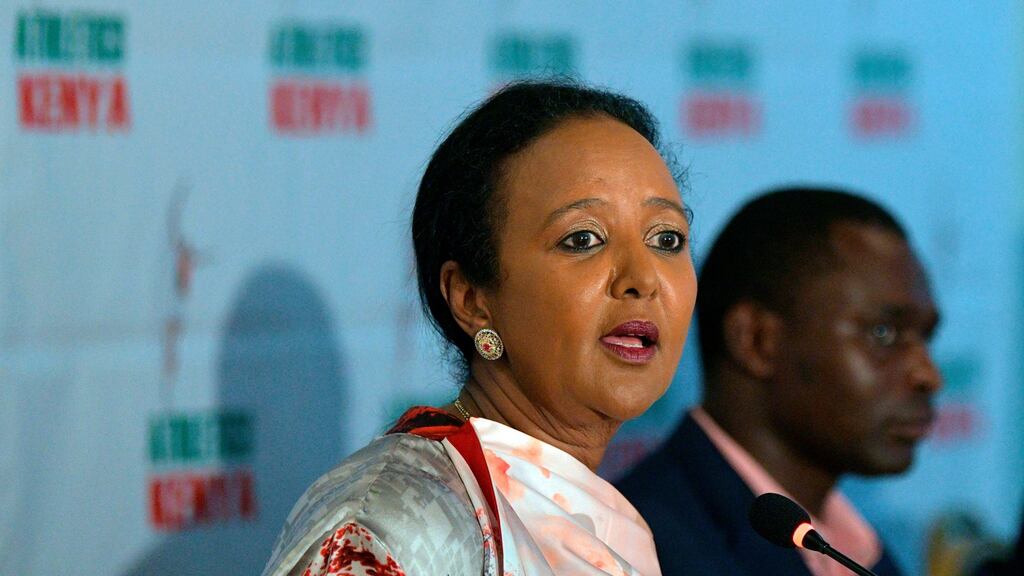 Kenya’s sports minister, Amina Mohamed, speaking at a press conference on Wednesday in Nairobi. Photograph: Tony Karumba/AFP via Getty Images