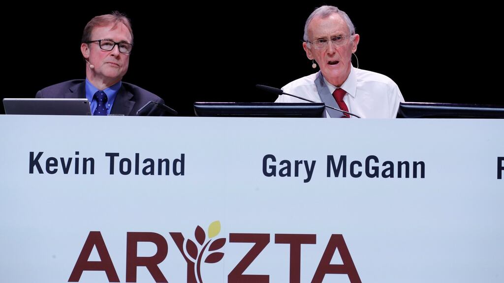 Aryzta CEO Kevin Toland and chairman Gary McGann attend the company’s annual shareholder meeting in Duebendorf, Switzerland, on Thursday. Photograph: Arnd Wiegmann/Reuters