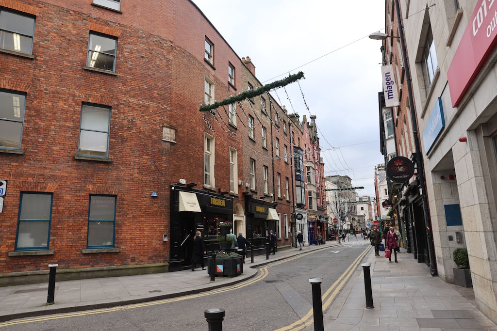 The man’s body was found on St Andrew’s Street early on Tuesday morning by a homeless organisation. Photograph: Dara Mac Dónaill