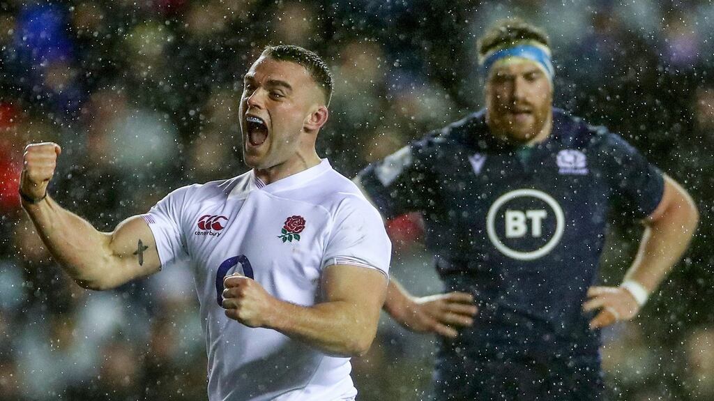 England’s Ben Earl celebrates after Ellis Genge scores a try against Scotland at Murrayfield.  Photograph:James Crombie/Inpho