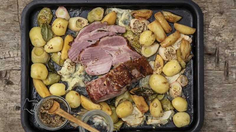 Maple smoked bacon, roasted apples, leeks and wholegrain mustard. Photograph: Harry Weir